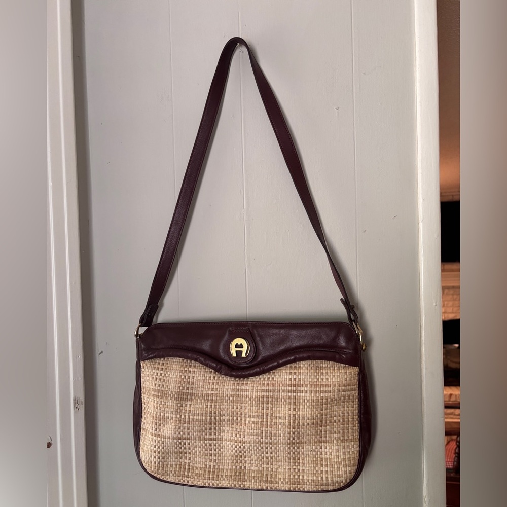 Vintage Etienne Aigner Rattan Oxblood Leather Shoulder Bag Medium 60s 70s